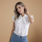Dames elegante blouse met korte mouwen ruches en strikje Jelle Jora Mode