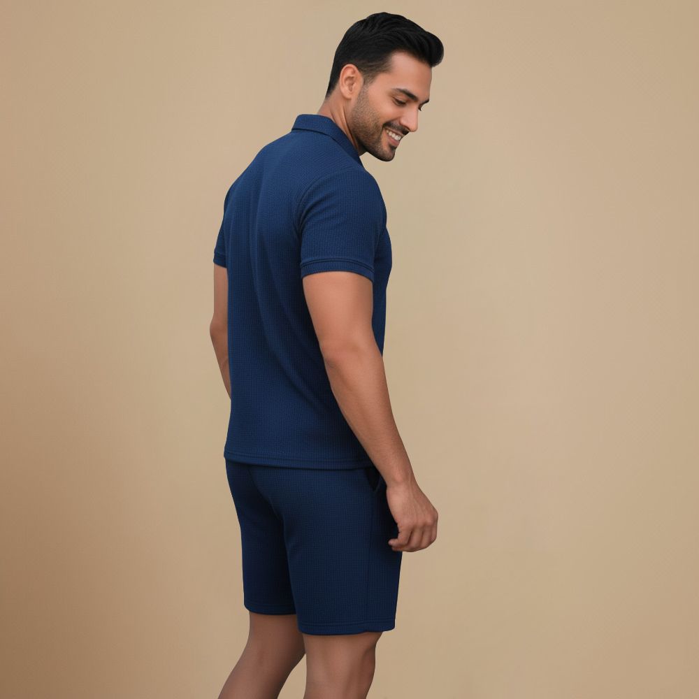 Wafelgebreide polo met ritssluiting en korte broek