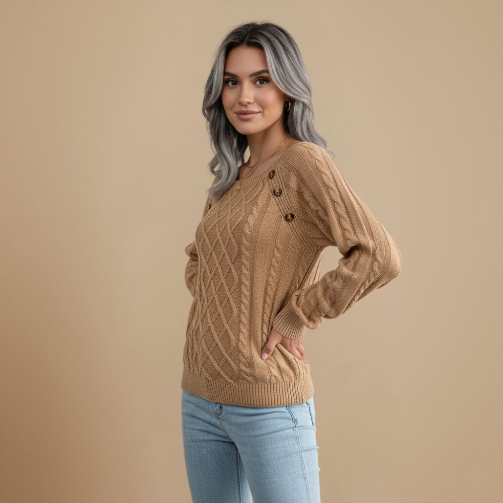 Kabelbrei trui met spijkerkralen Jelle Jora Mode