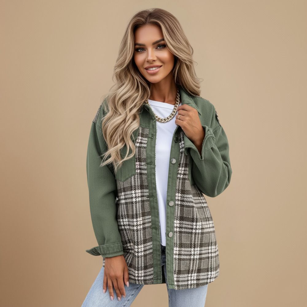 Denim jasje met patchwork ruitjesmotief en knoopsluiting Jelle Jora Mode