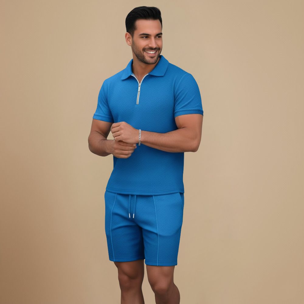 Wafelgebreide polo met ritssluiting en korte broek