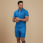 Wafelgebreide polo met ritssluiting en korte broek Jelle Jora Mode