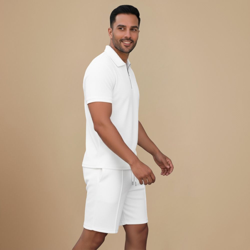 Wafelgebreide polo met ritssluiting en korte broek