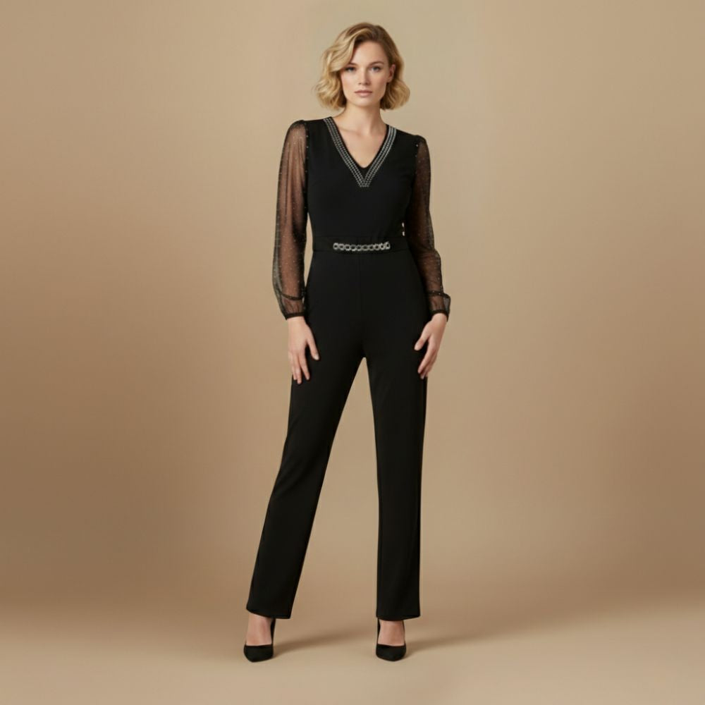 Dames elegante jumpsuit met V hals en mesh mouwen Jelle Jora Mode