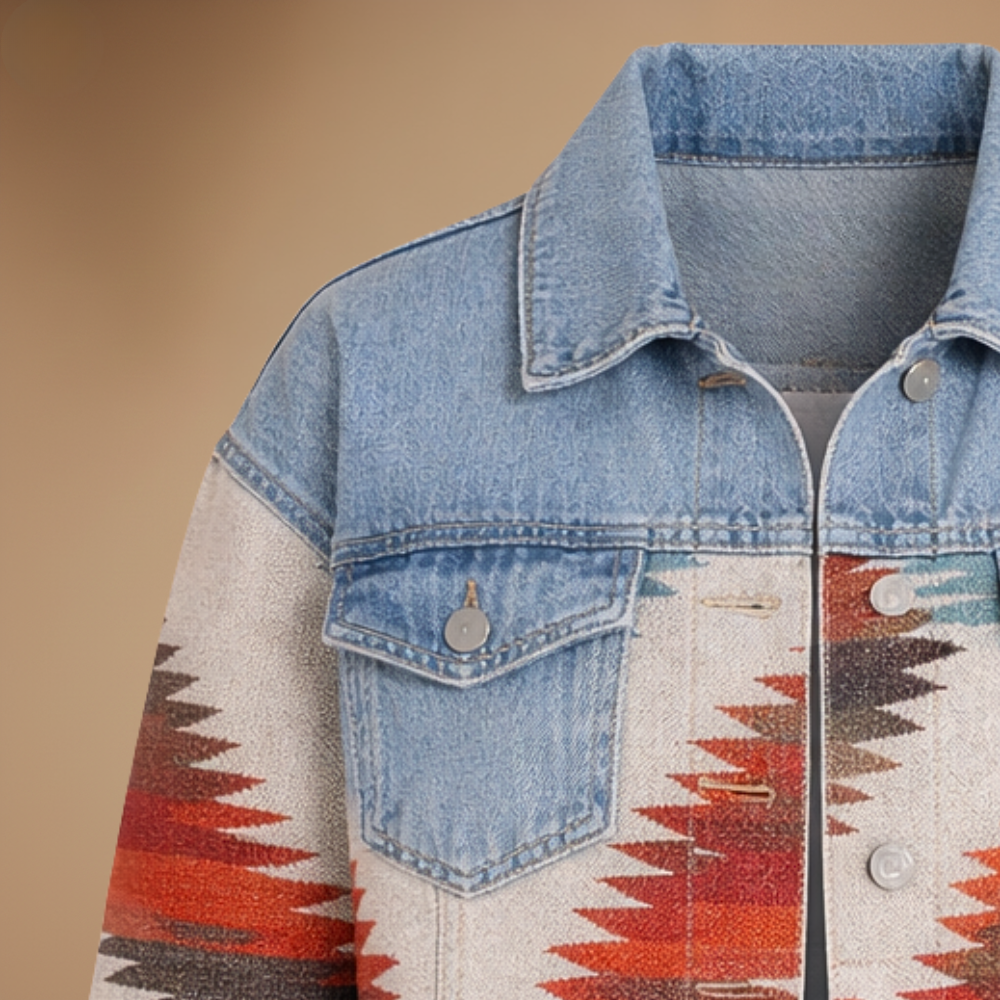 Denim patchwork jasje in retrostijl Jelle Jora Mode