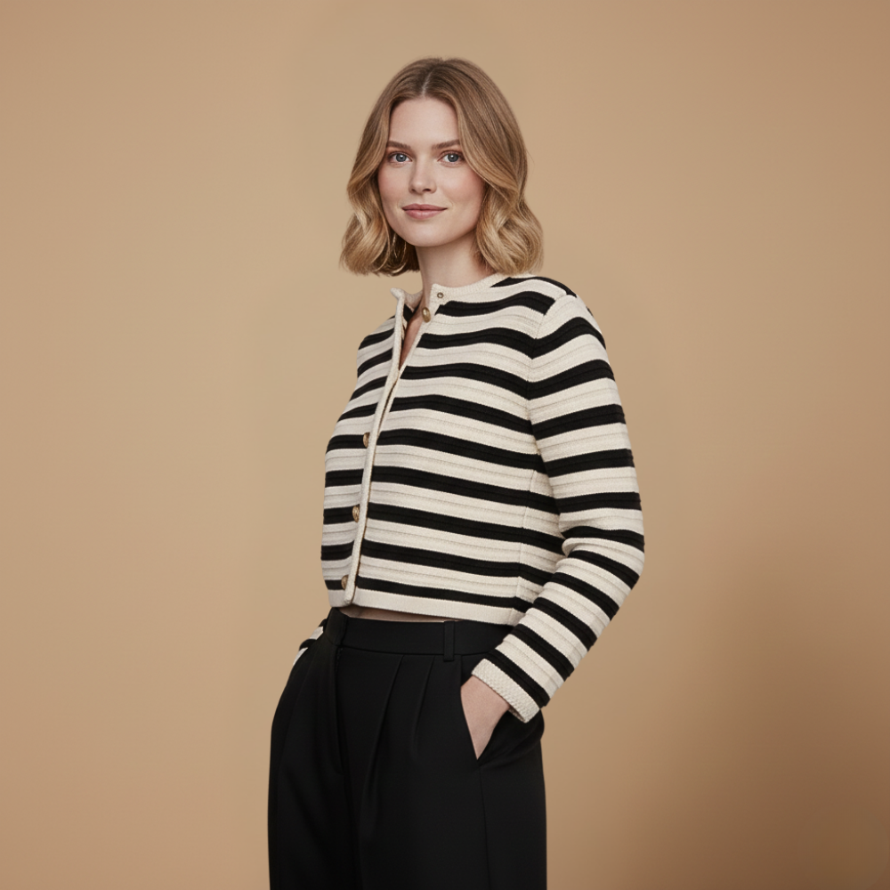 Gestreepte korte gebreide cardigan met knopen voor dames Jelle Jora Mode