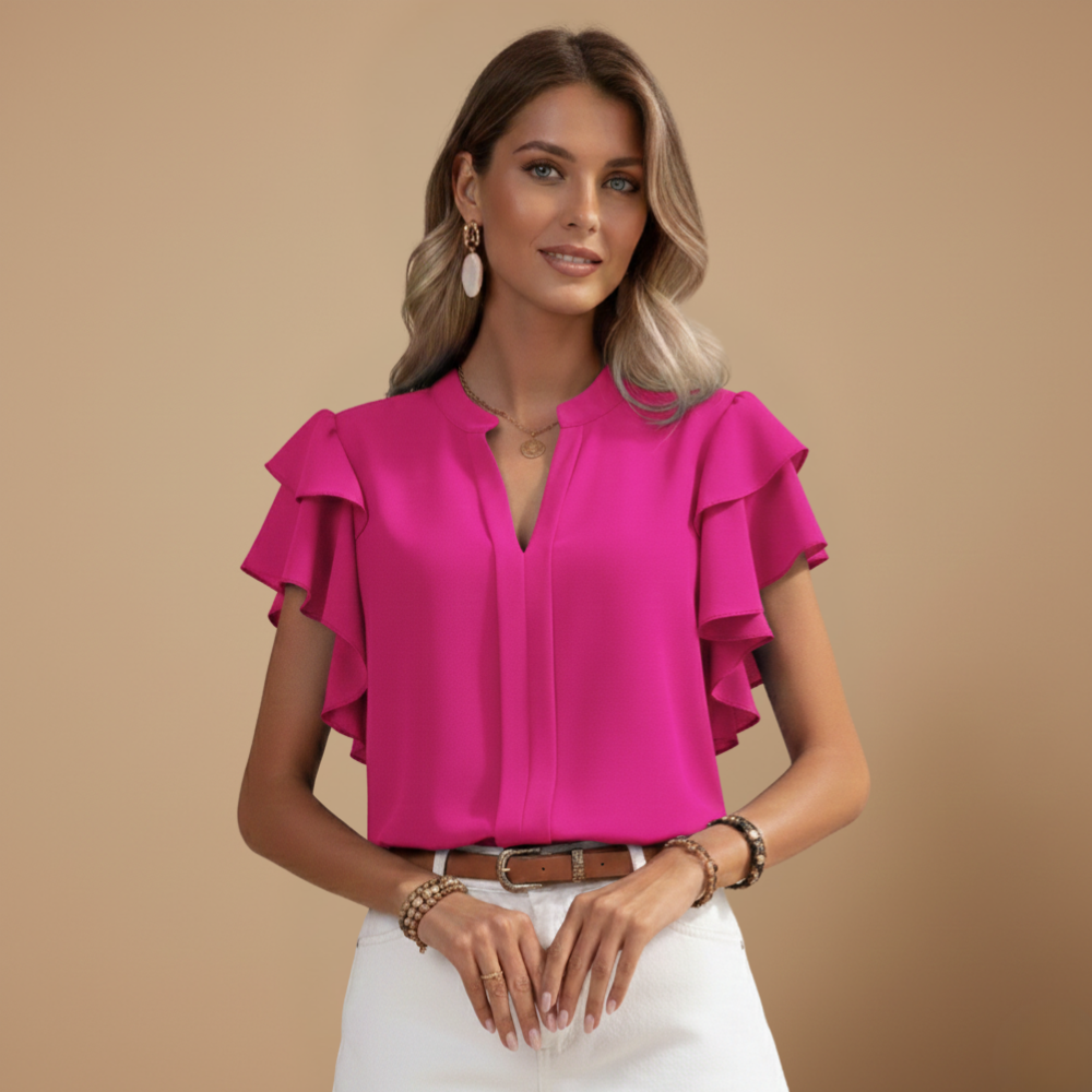 Damesblouse met ruches en V-hals – Stijlvolle zomerse casual top Jelle Jora Mode