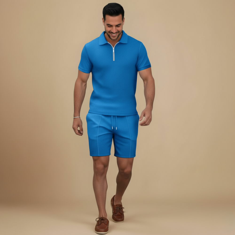 Wafelgebreide polo met ritssluiting en korte broek