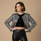 Zilveren cropped jasje met ronde hals en pailletten Jelle Jora Mode