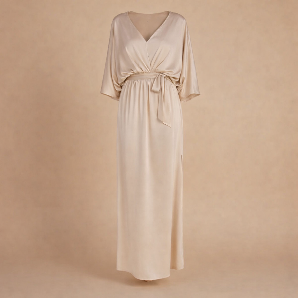 Elegante midi-jurk met V-hals split en strikceintuur Jelle Jora Mode
