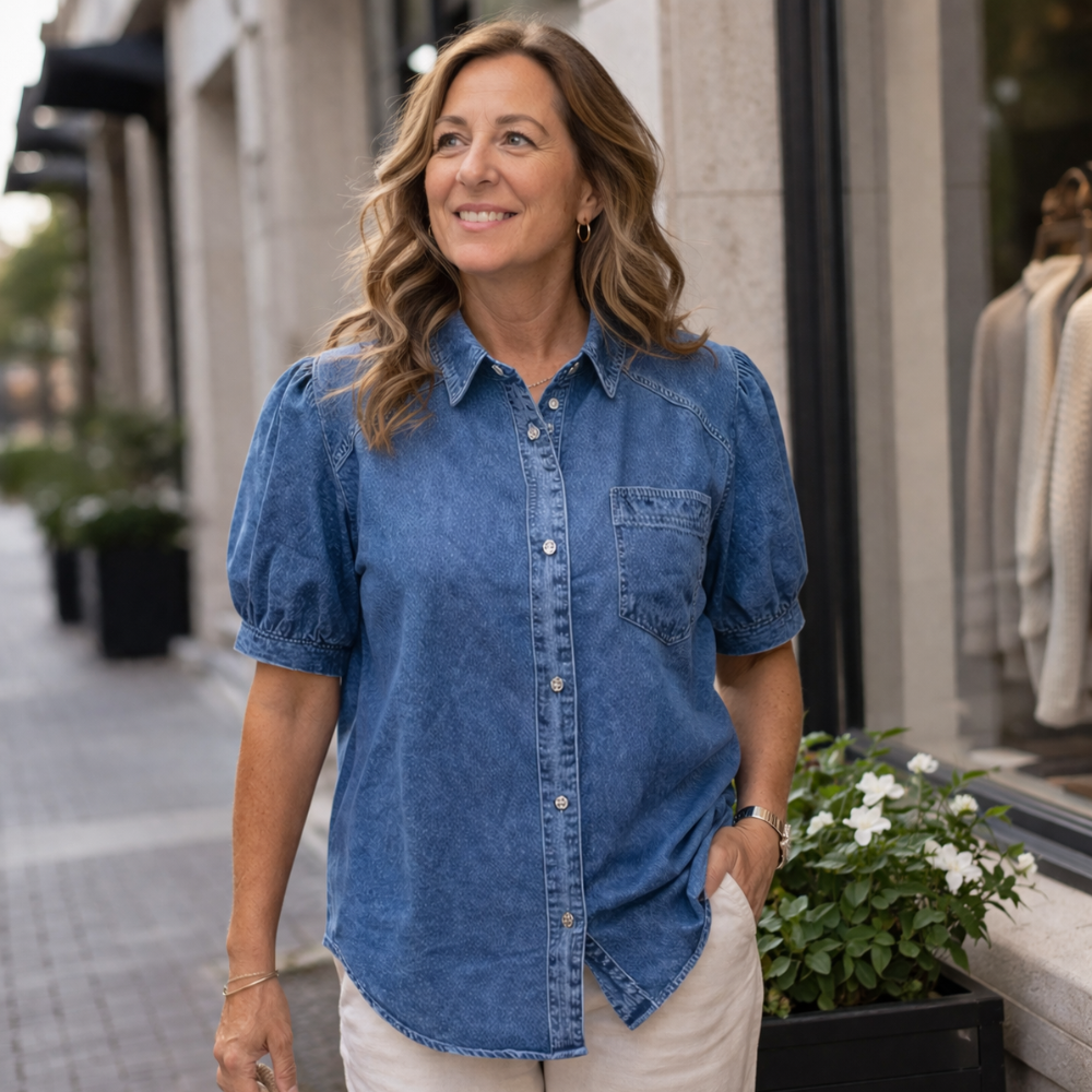 Damesblouse van denim met pofmouwen – Casual chic Jelle Jora Mode