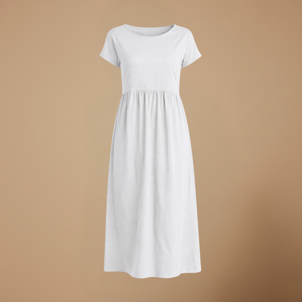 Dames casual midi jurk met ronde hals korte mouwen en zakken Jelle Jora Mode