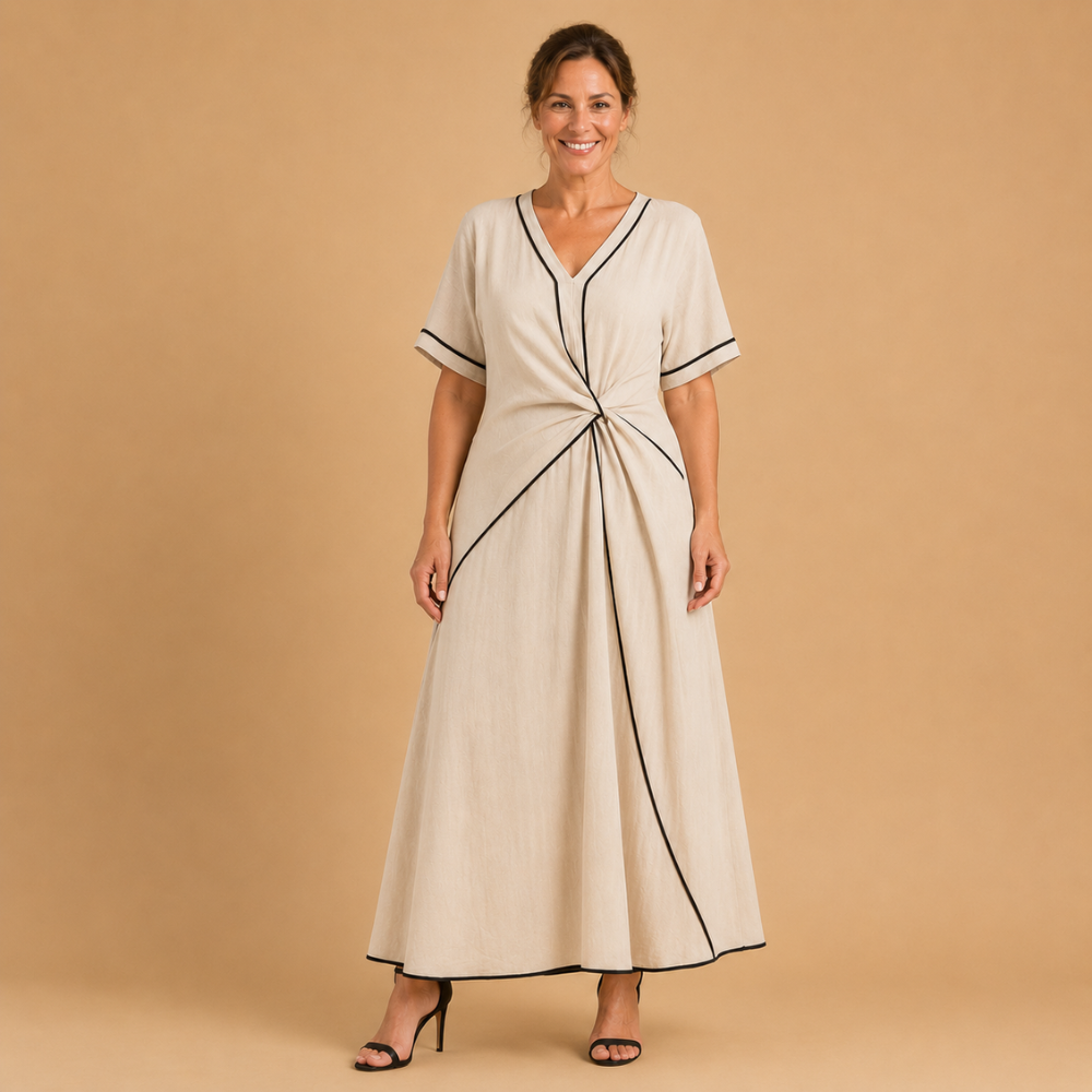 Dames midi-jurk met V-hals en plooien Jelle Jora Mode