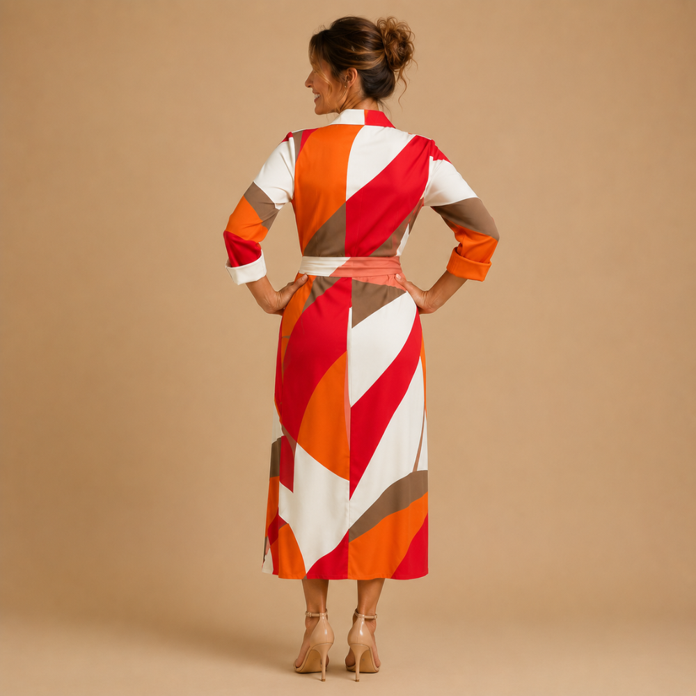 Dames midi-wikkeljurk met strikceintuur en abstract design Jelle Jora Mode