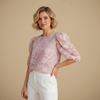 Damesblouse van chiffon met ronde hals en pofmouwen Jelle Jora Mode
