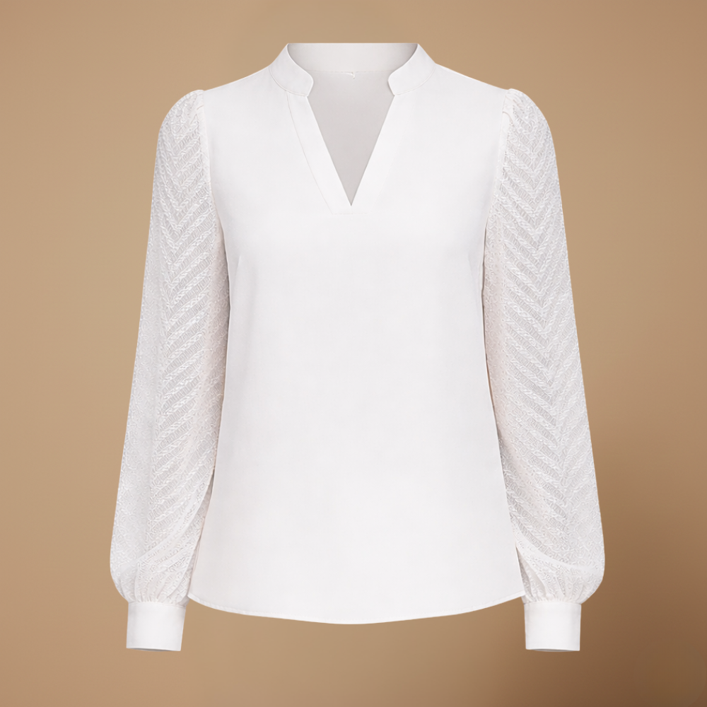 Damesblouse met V-hals mesh mouwen en chiffon Jelle Jora Mode