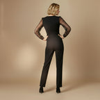 Dames elegante jumpsuit met V hals en mesh mouwen Jelle Jora Mode