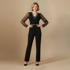Dames elegante jumpsuit met V hals en mesh mouwen Jelle Jora Mode