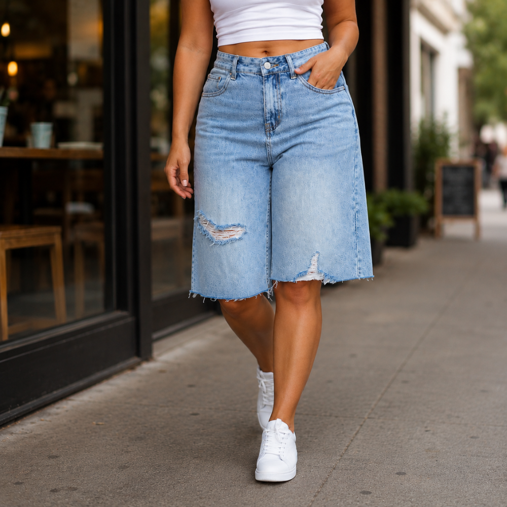 Dames bermudashorts van distressed denim met hoge taille Jelle Jora Mode