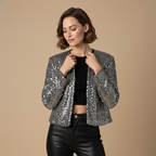 Zilveren cropped jasje met ronde hals en pailletten Jelle Jora Mode