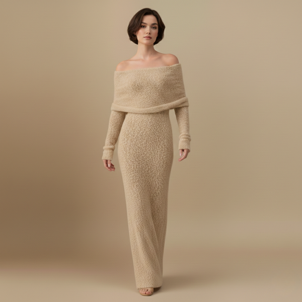 Dames off-shoulder maxi-jurk met lange mouwen en gebreide stof
