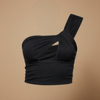 Dames crop top met één schouder en uitsnijdingen getailleerd model Jelle Jora Mode