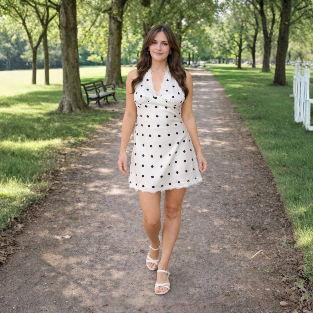 Dames elegante mini-jurk met halternek en stippenprint Jelle Jora Mode