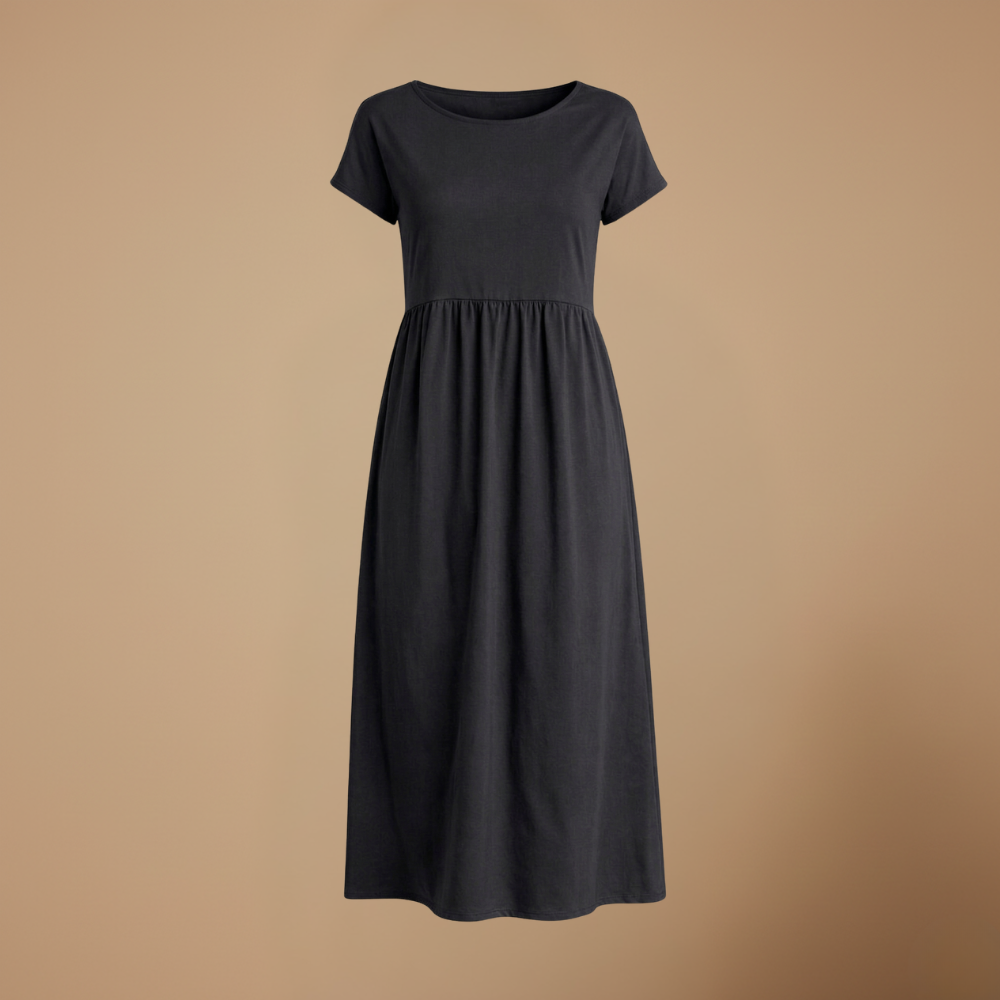 Dames casual midi jurk met ronde hals korte mouwen en zakken Jelle Jora Mode