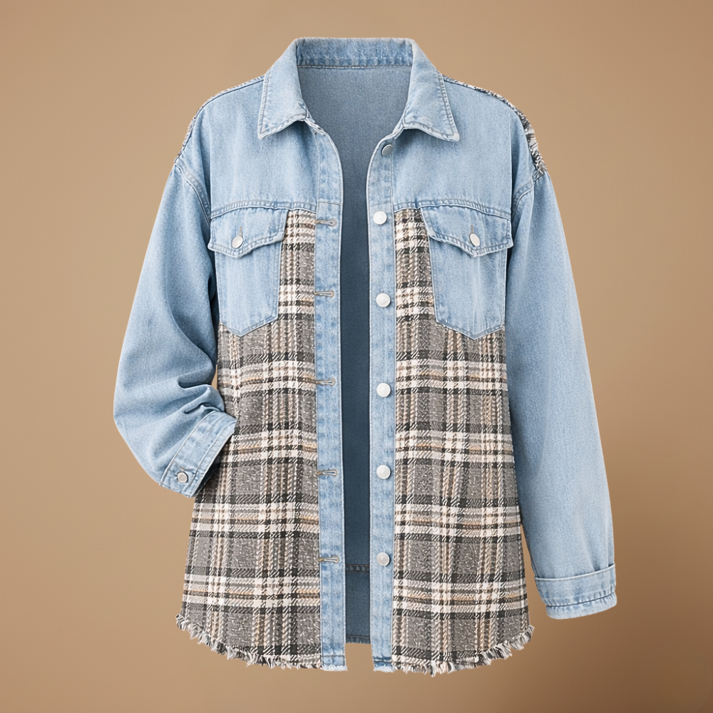 Denim jasje met patchwork ruitjesmotief en knoopsluiting Jelle Jora Mode