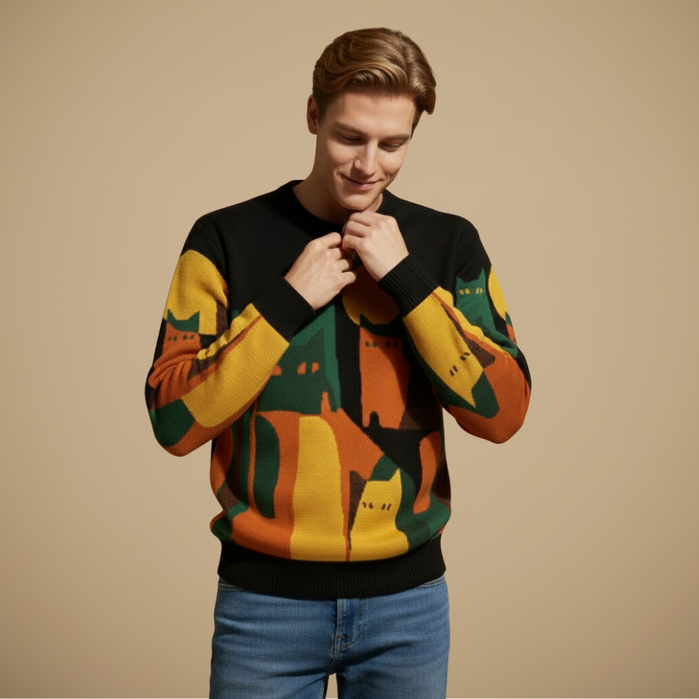 Vintage losse trui met kattenprint Jelle Jora Mode