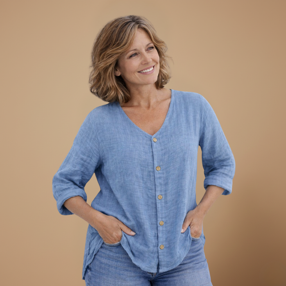 Dames casual blouse met losse pasvorm v-hals knopen en lange mouwen Jelle Jora Mode