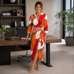 Dames midi-wikkeljurk met strikceintuur en abstract design Jelle Jora Mode