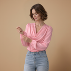 Dames casual blouse met gedrapeerde hals en pofmouwen Jelle Jora Mode