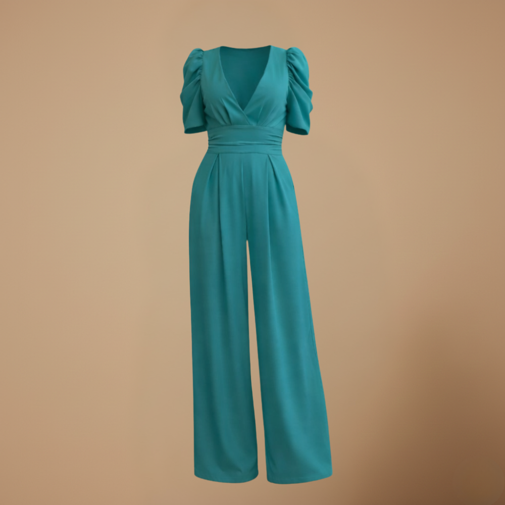 Jumpsuit met pofmouwen V-hals en wijde pijpen Jelle Jora Mode
