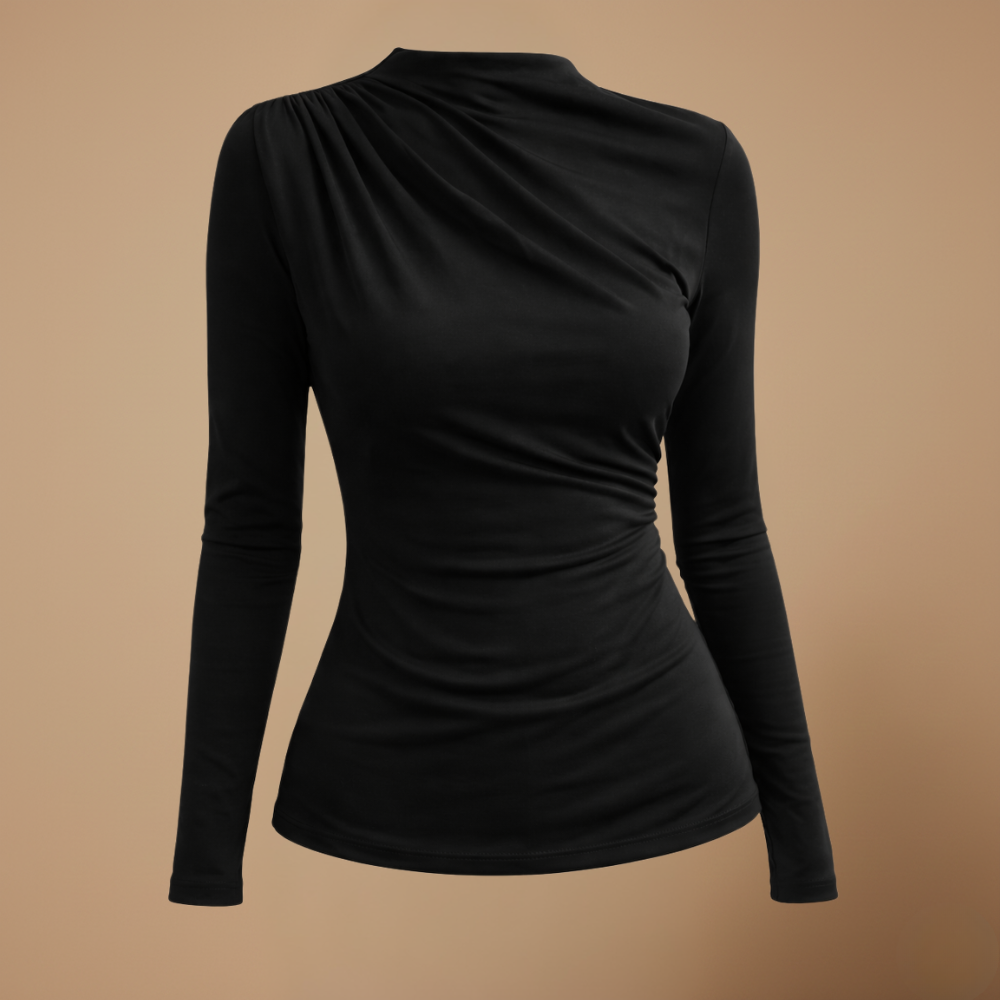 Dames-top met gerimpelde kraag lange mouwen en een slanke pasvorm Jelle Jora Mode