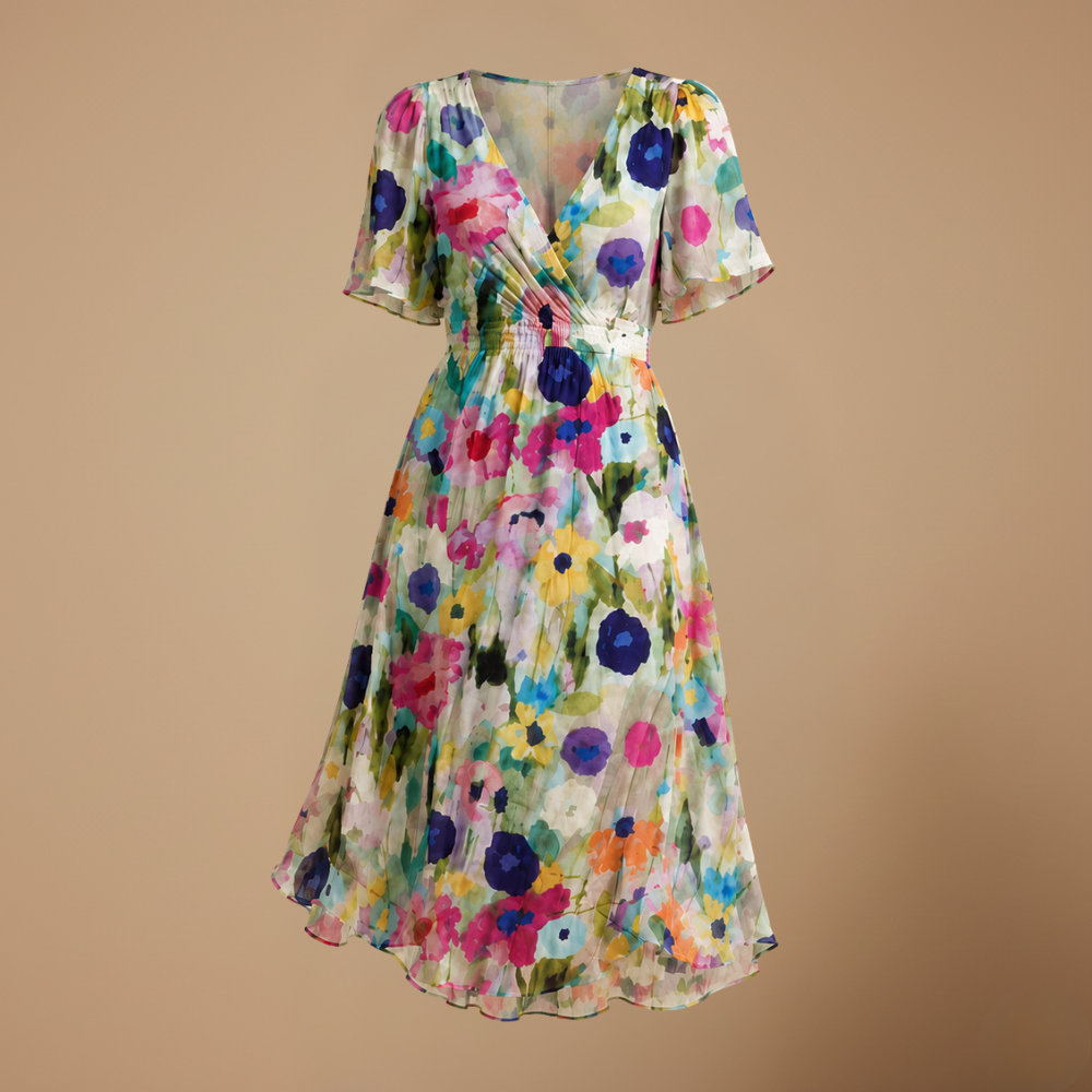 Dames midi-jurk met bloemendesign en V-hals met empire-taille Jelle Jora Mode