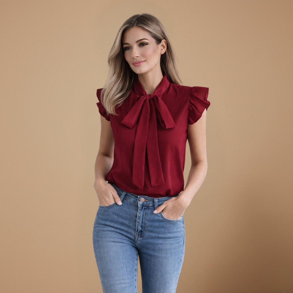 Dames elegante blouse met korte mouwen ruches en strikje Jelle Jora Mode