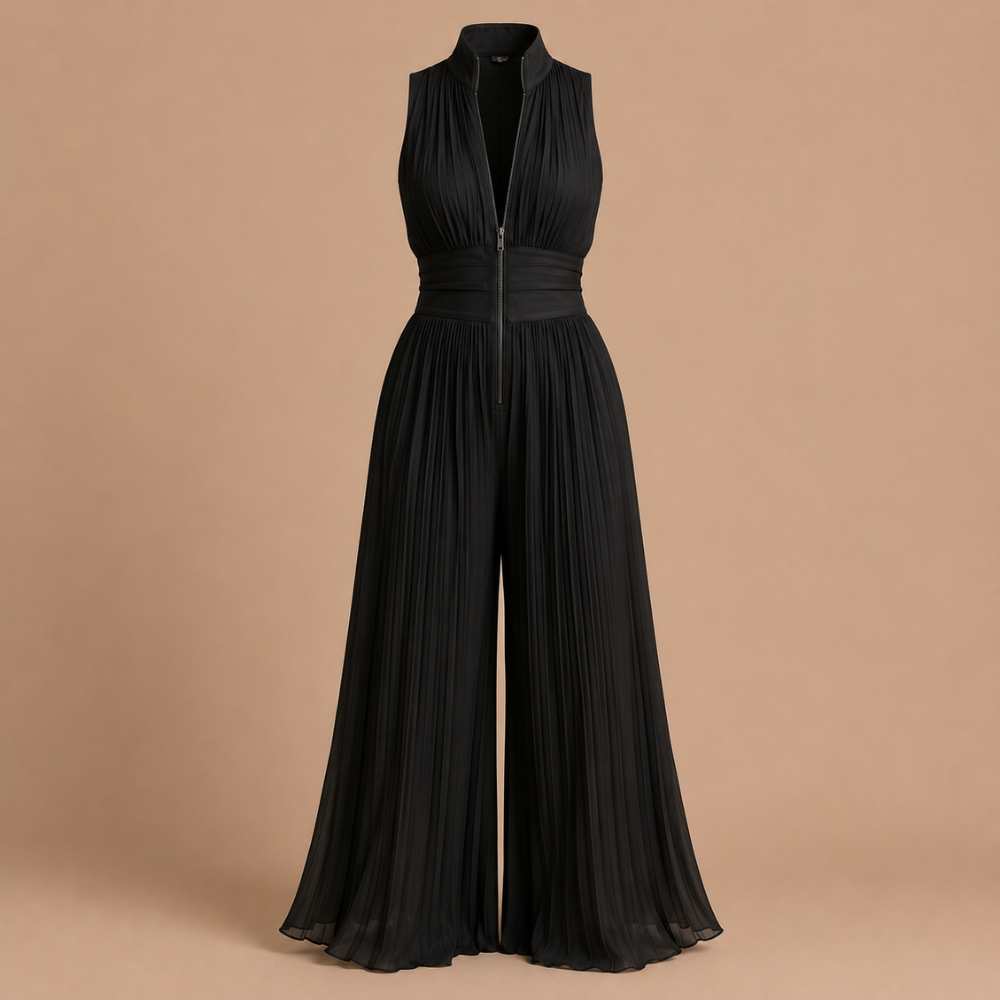 Dames jumpsuit met plooien V-hals en wijde pijpen Jelle Jora Mode