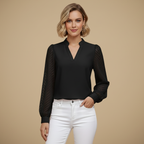 Damesblouse met V-hals mesh mouwen en chiffon Jelle Jora Mode