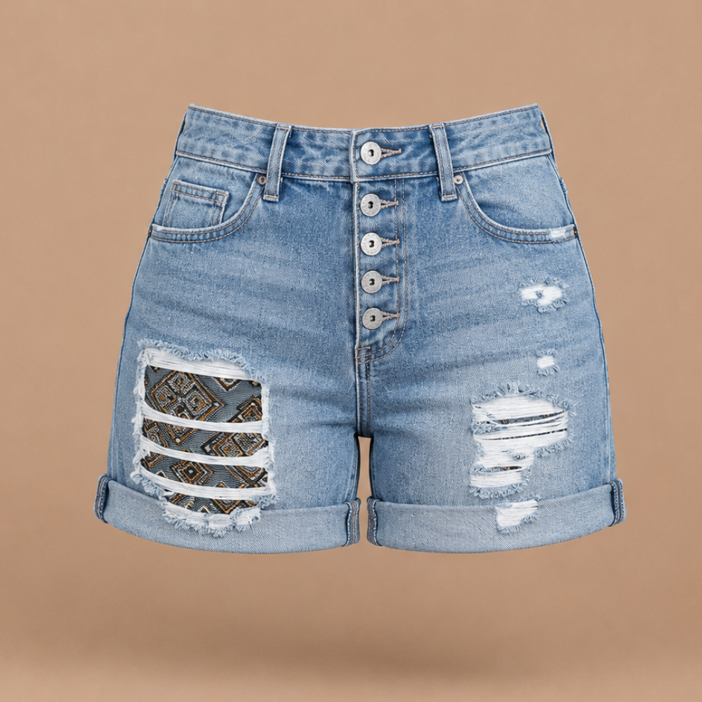 Damesjeansshort met omgeslagen zoom en versleten look Jelle Jora Mode