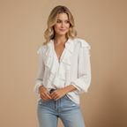 Damesblouse met lange mouwen en ruches aan de kraag