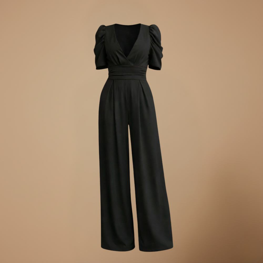 Jumpsuit met pofmouwen V-hals en wijde pijpen Jelle Jora Mode