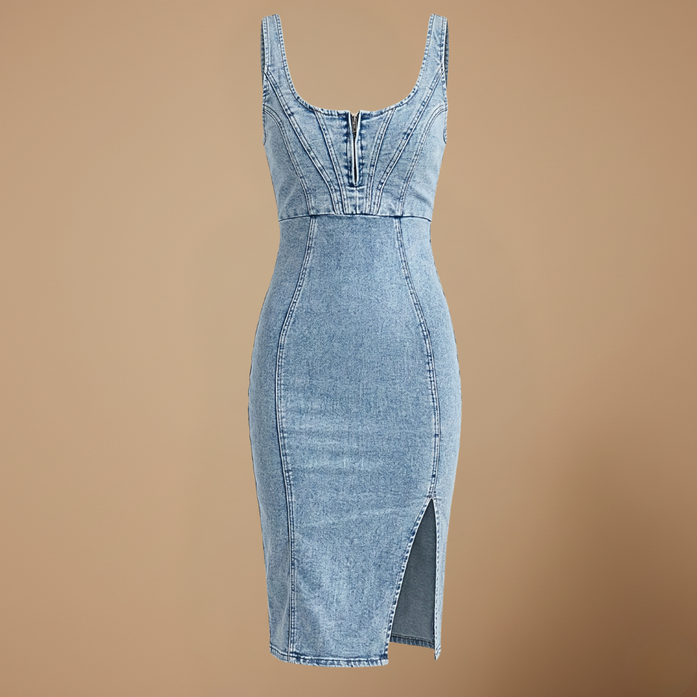Dames mouwloze U-hals denim bodycon midi-jurk Jelle Jora Mode