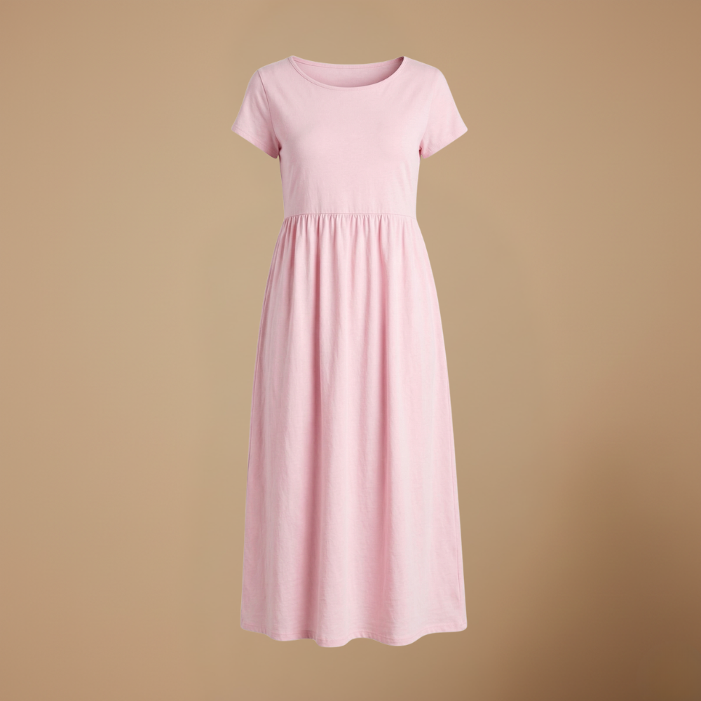 Dames casual midi jurk met ronde hals korte mouwen en zakken Jelle Jora Mode