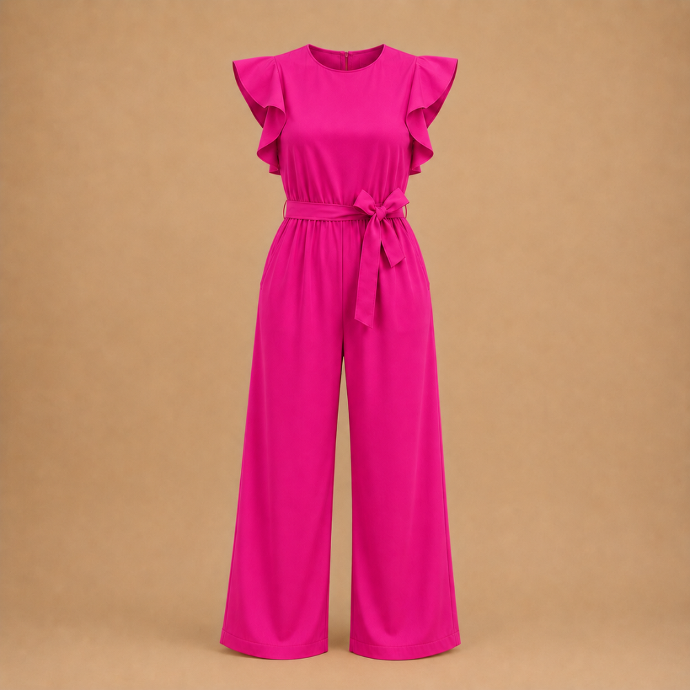 Dames jumpsuit met wijde pijpen gerimpelde mouwen en ceintuur Jelle Jora Mode
