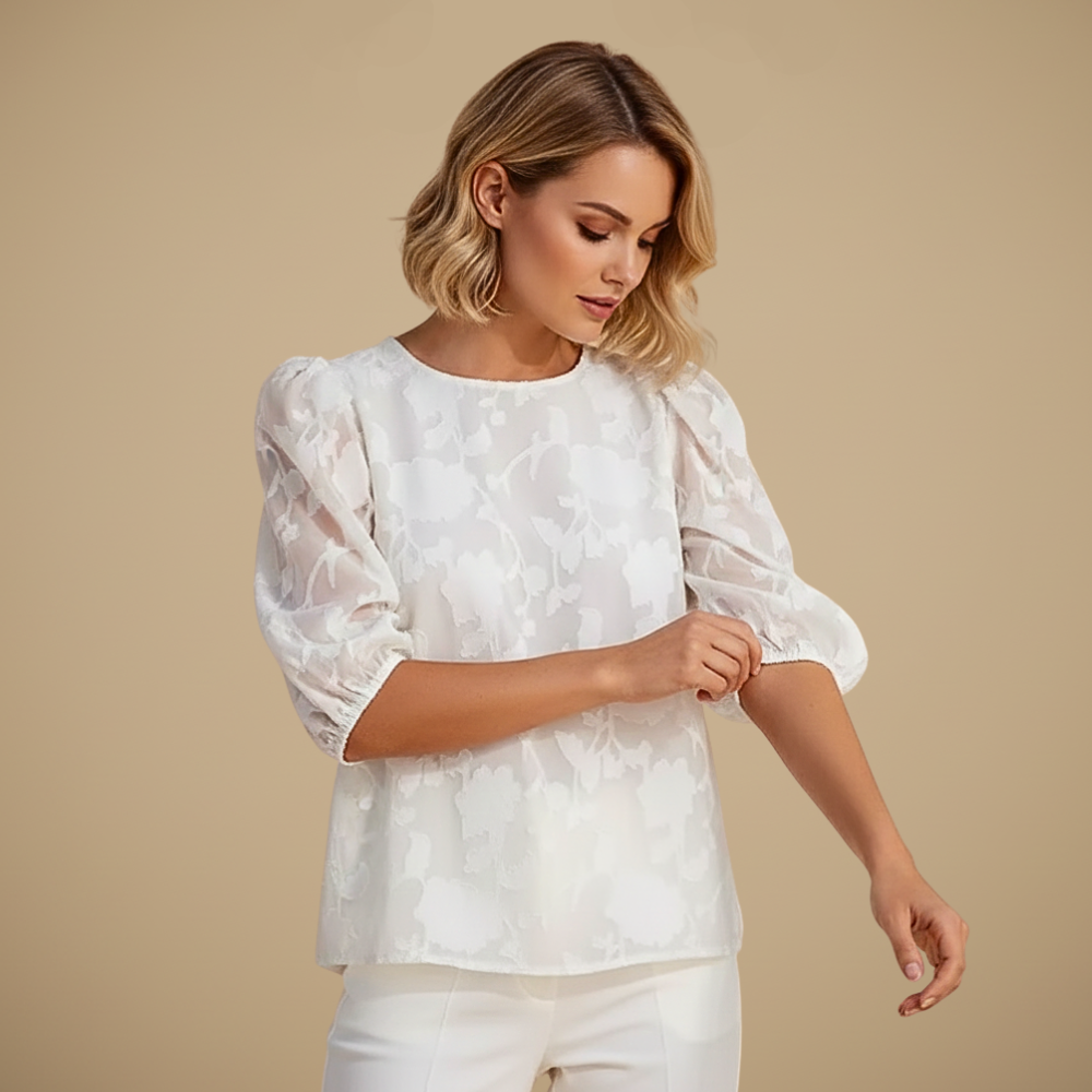 Damesblouse van chiffon met ronde hals en pofmouwen Jelle Jora Mode
