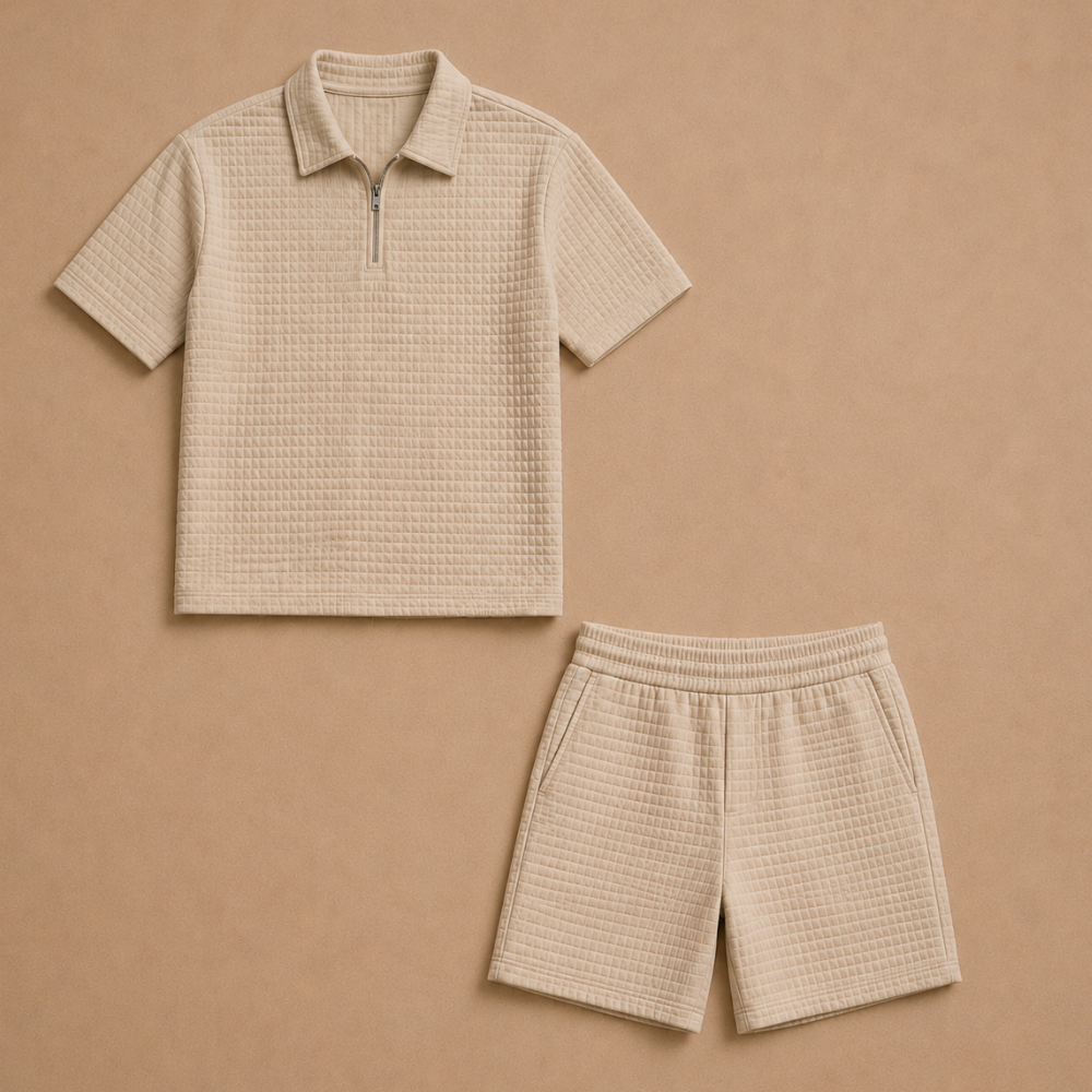 Heren casual zomerse set met gestructureerde poloshort Jelle Jora Mode