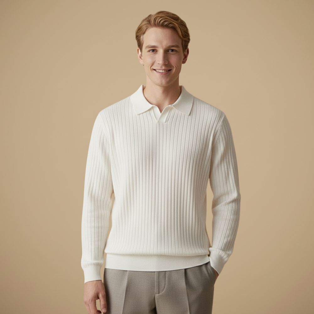 Minimalistisch slim fit geribd gebreid poloshirt voor heren&nbsp; Jelle Jora Mode