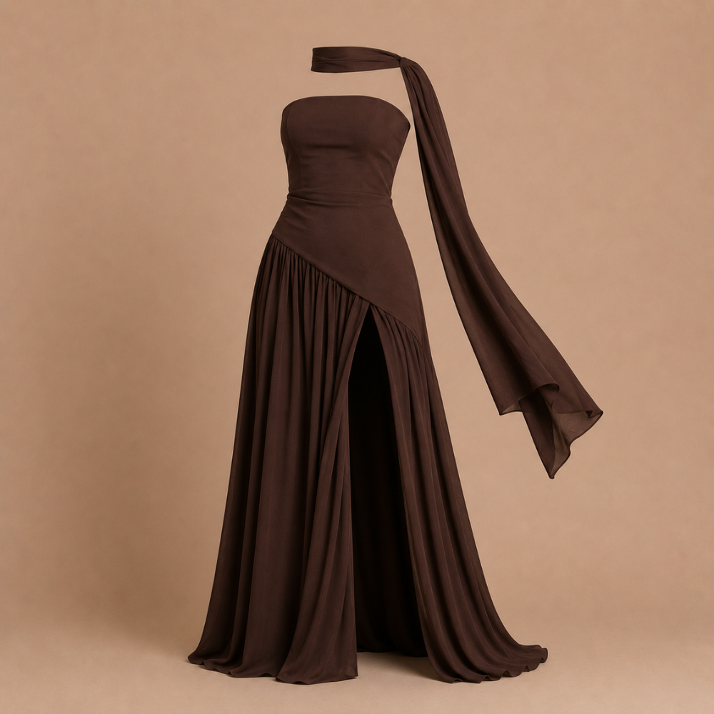 Dames strapless maxi-jurk met hoge split Jelle Jora Mode