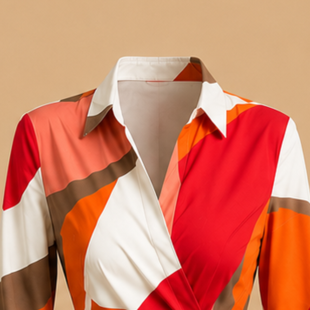 Dames midi-wikkeljurk met strikceintuur en abstract design Jelle Jora Mode